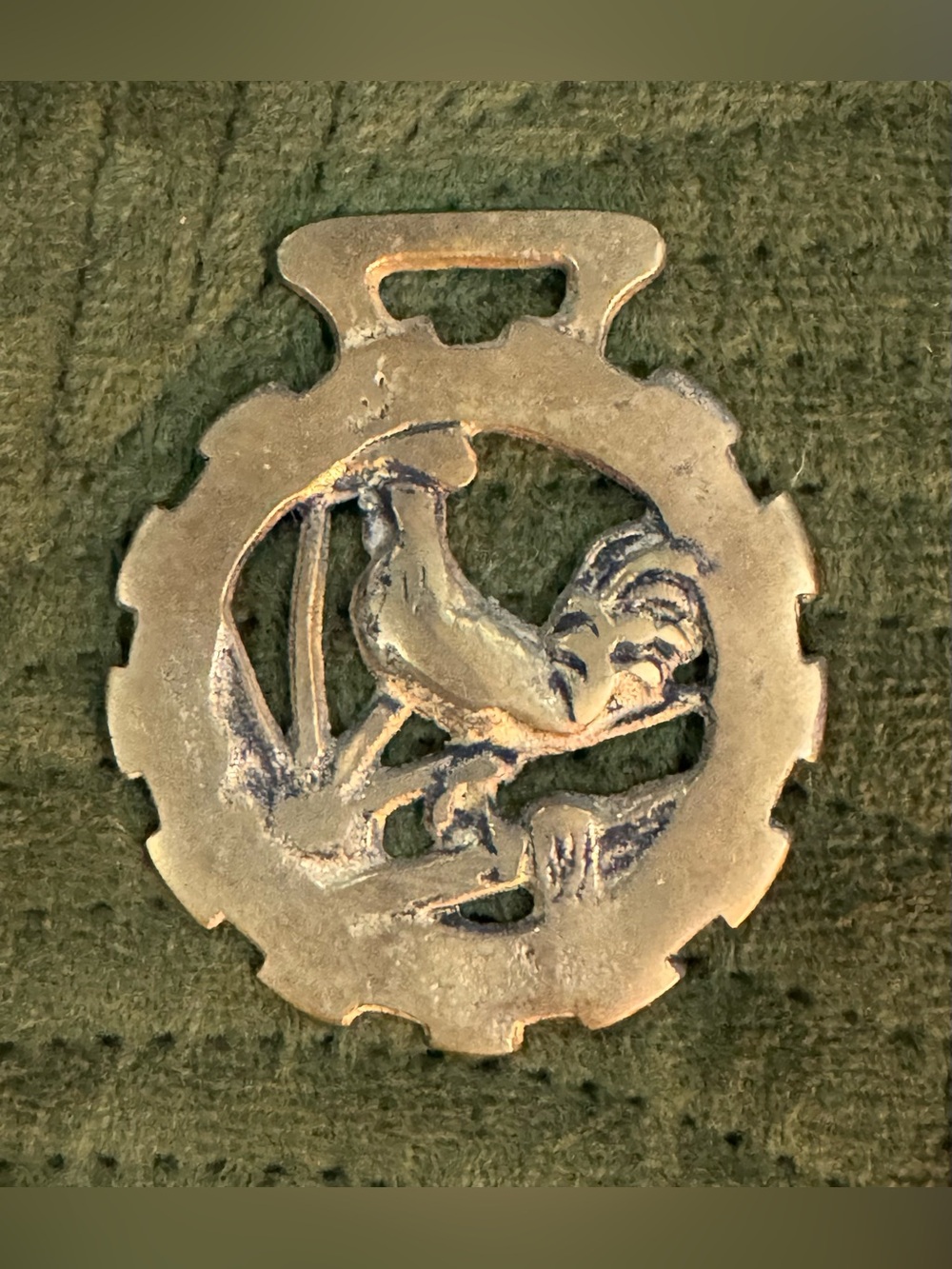 Vintage English Cast Brass Horse Saddle Harness Medallion- Rooster at Dawn